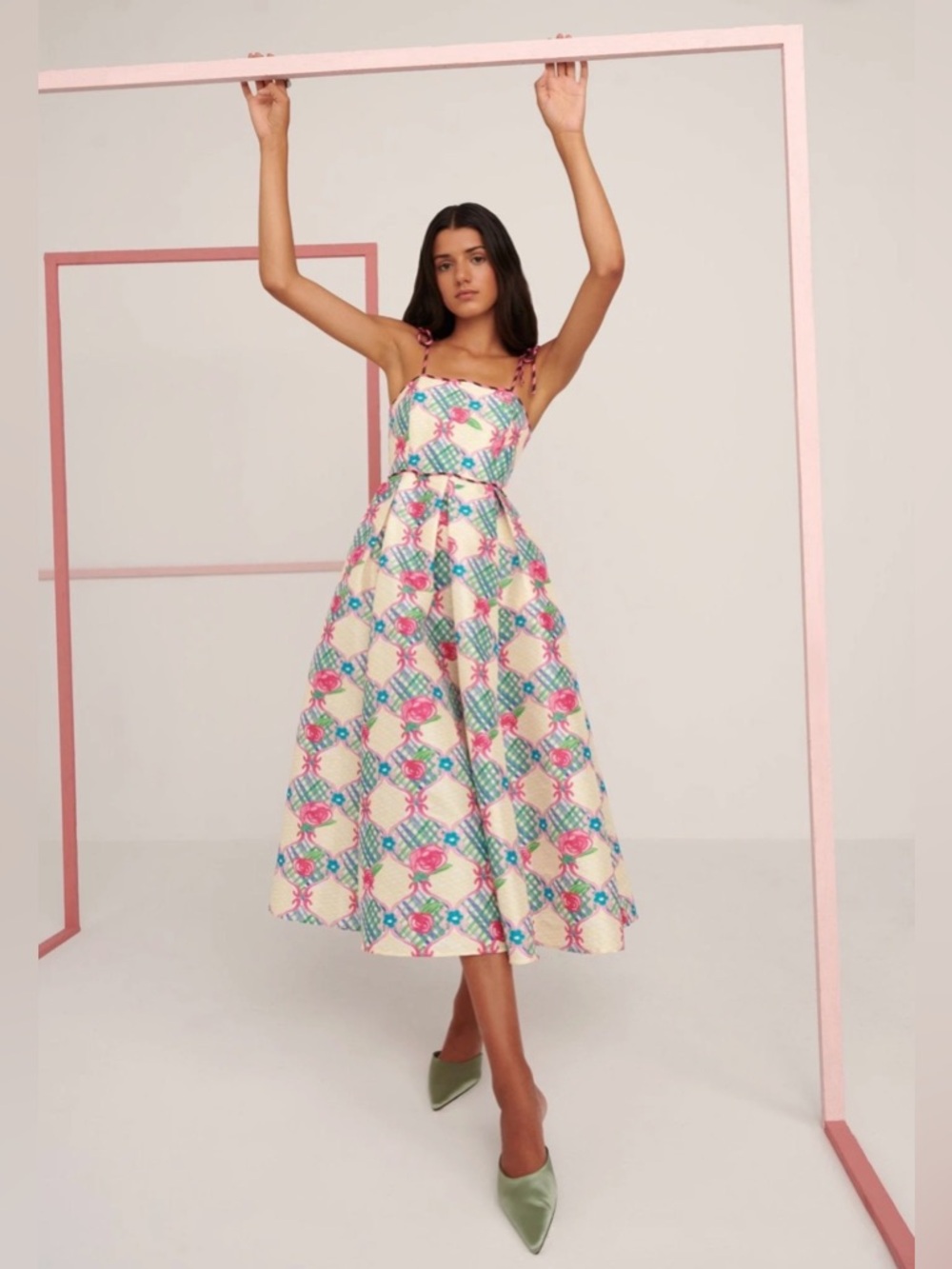 Celia B NWT Palau Midi Dress Pink Rose Blue Gingham Spaghetti Strap Full Dress L - Picture 4 of 16